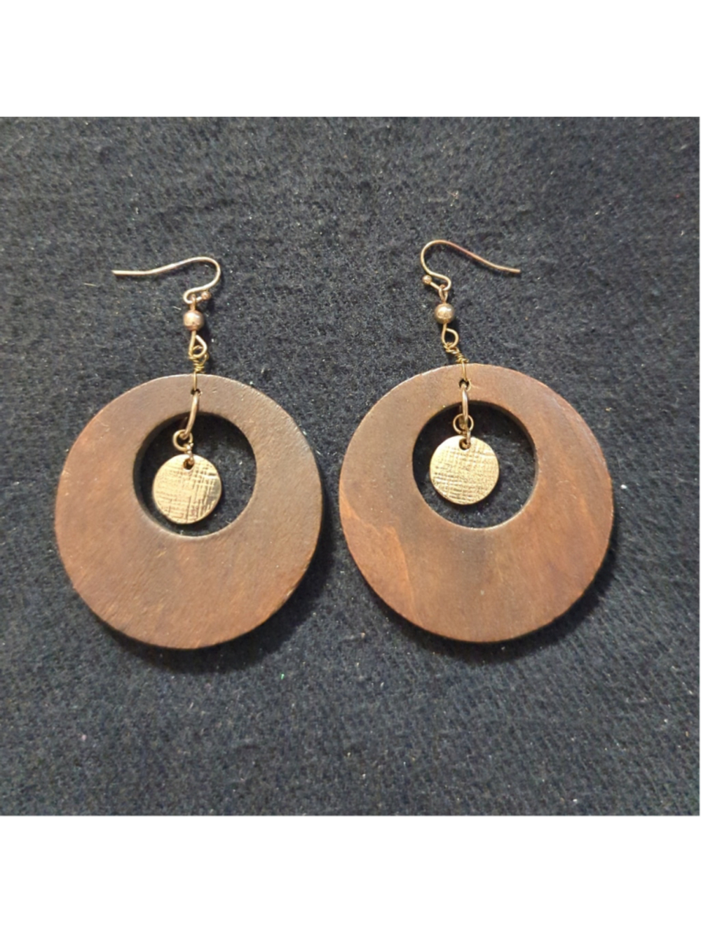 Gold Tone Brown Wooden Hoop Disc Statement Earrings